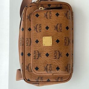 MCM Brown Crossbody Bag with Logo Pattern